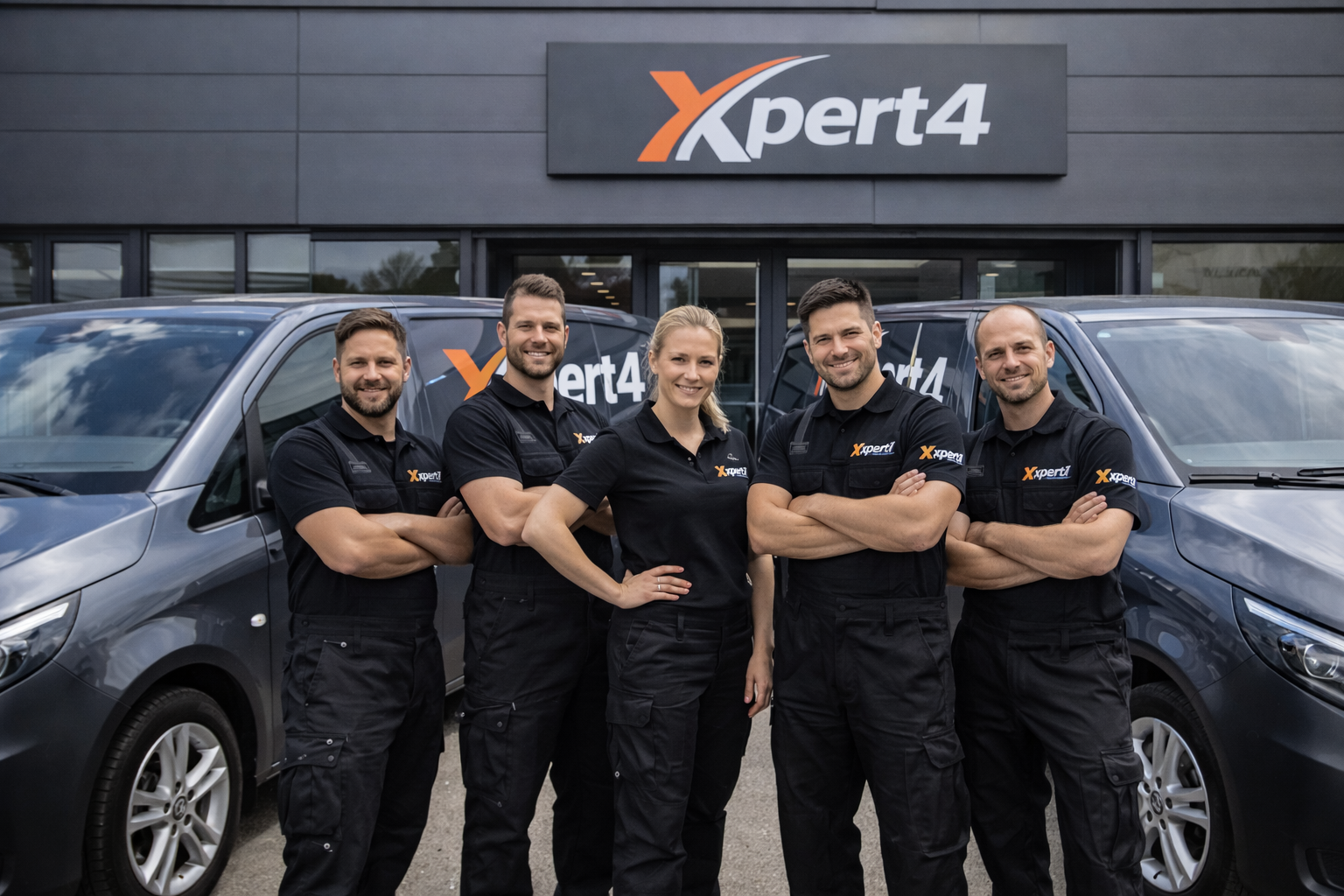 Team Xpert4 Smart Repair composto da cinque persone in piedi davanti alla sede centrale con i furgoni di servizio, pronto a offrire interventi mobili di riparazione per clienti aziendali e flotte.